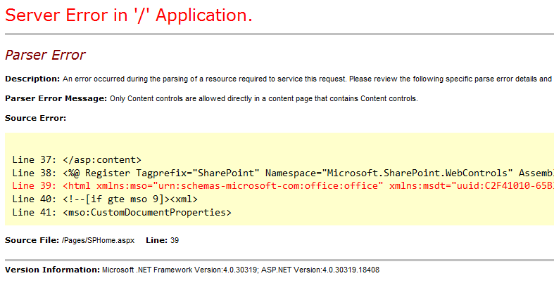 SharePoint 2013 Page layout error: Only Content controls are allowed directly in a content page that